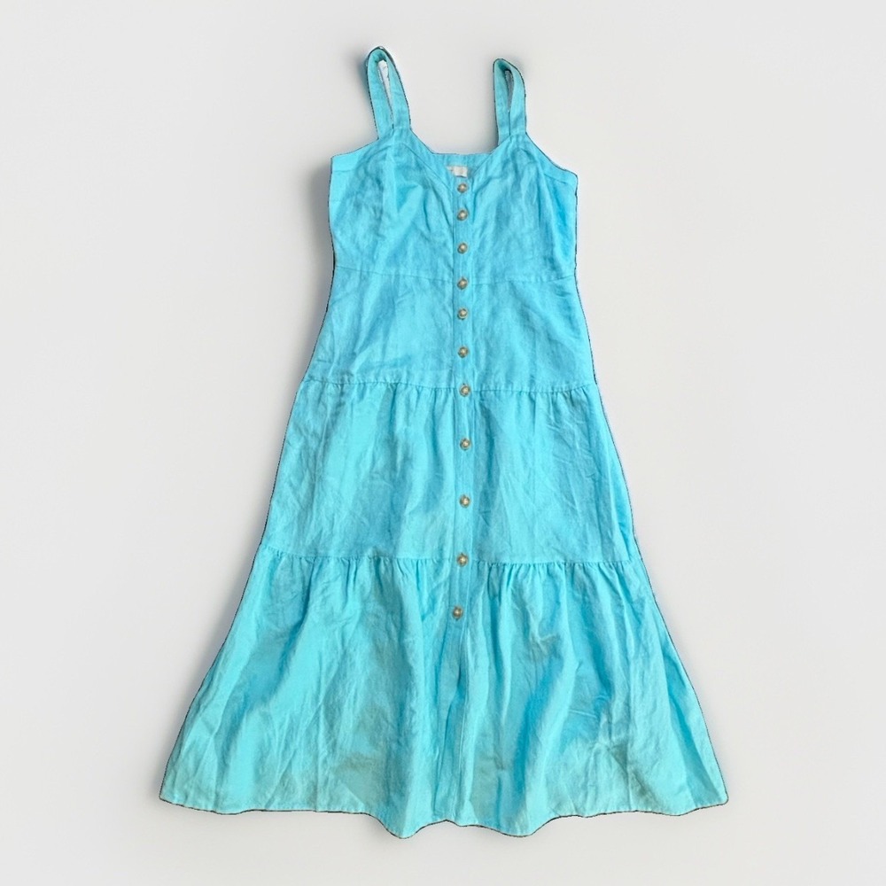 Ann Taylor LOFT Dress‎  Sleeveless Midi 100% LINEN Womens Sz 4 Blue Beach Resort